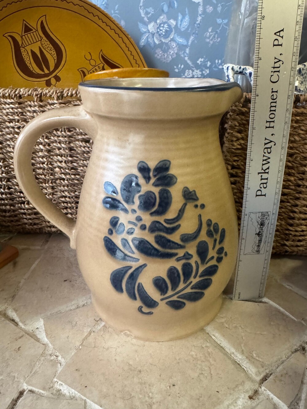 Vintage Pfaltzgraff Stoneware Pitcher 2 1/2 qt Blue Floral Design